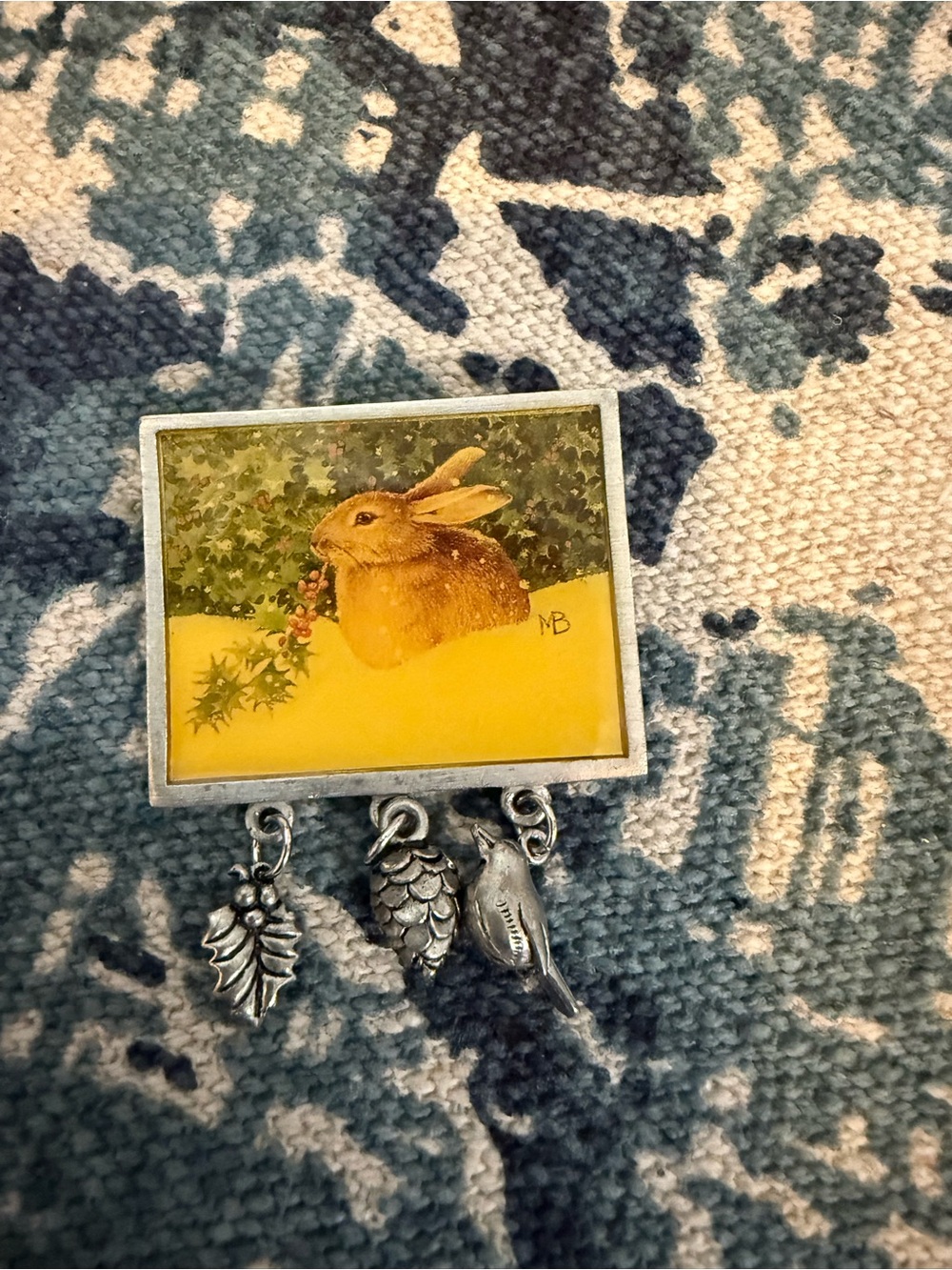 Marjolein Bastin Yellow Rabbit brooch with Silver Charms